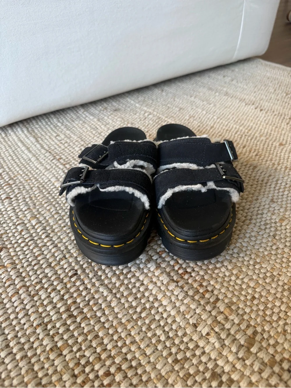 Dr. Martens Myles Suede Fur Lined Slide Sandals in Black